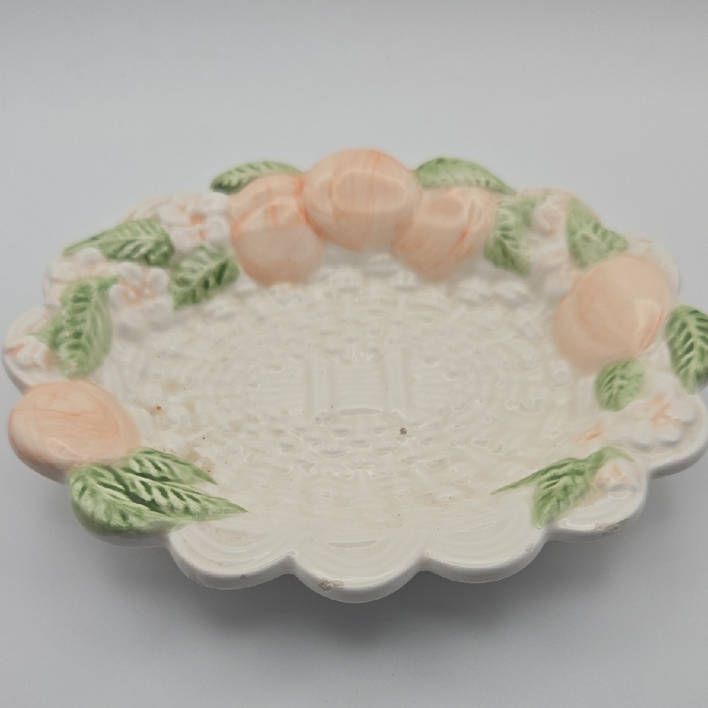 Vintage Peach & Floral Ceramic Trinket Dish / Small Serving Plate